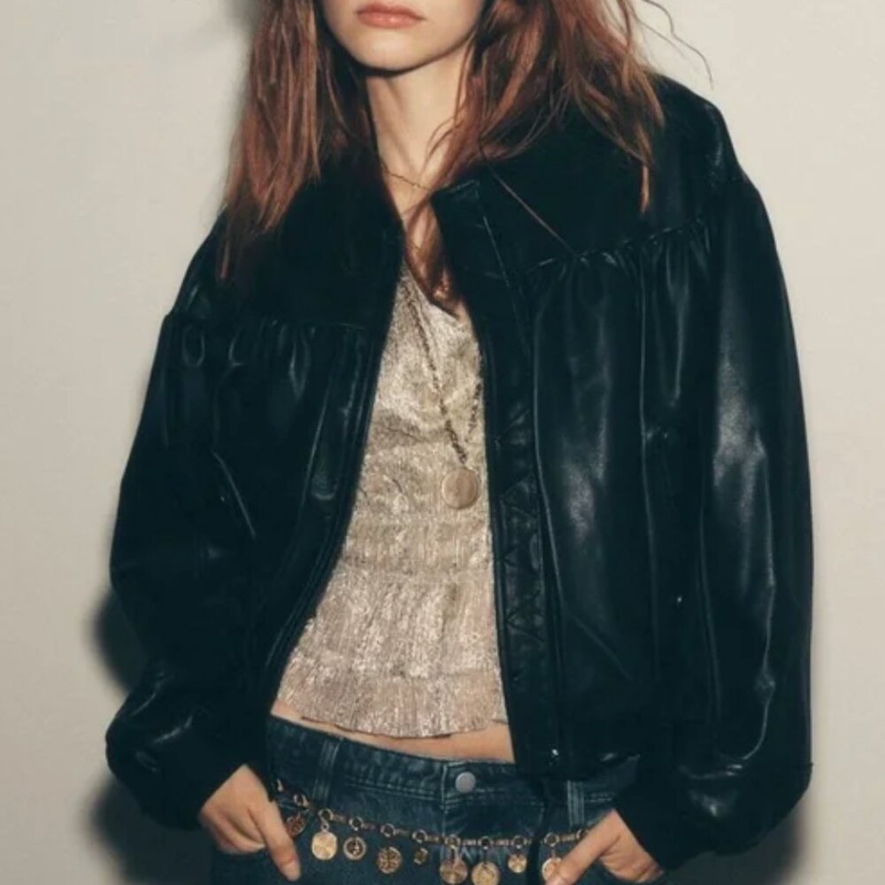 By Anthropologie Faux Leather Crop Bubble Bomber Jacket